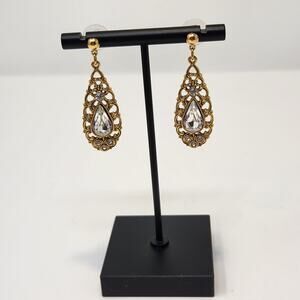 Teardrop Gold Tone Clear Rhinestone Dangle Drop Post Earrings Scrollwork Jewelry